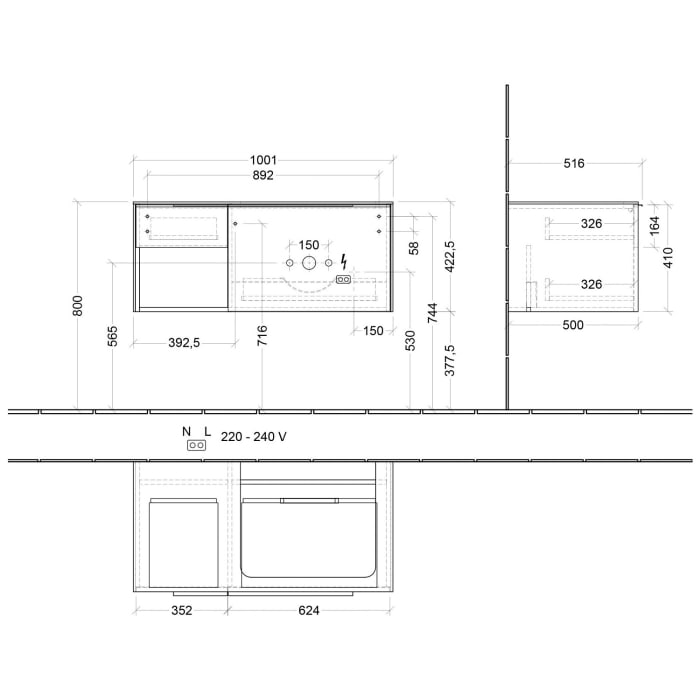 Villeroy & Boch Subway 3.0 Waschtischunterschrank 100,1 cm, 2 Auszüge und Regal links, mit LED-Beleuchtung