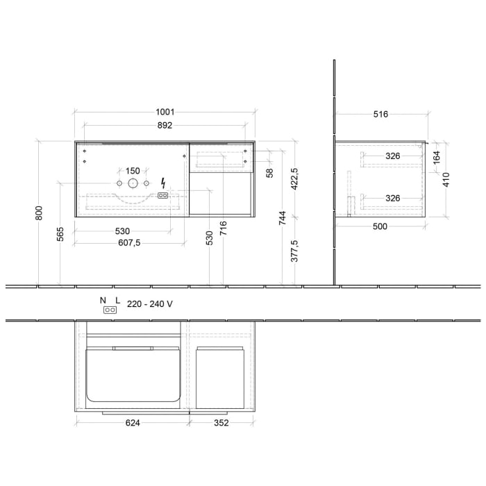 Villeroy & Boch Subway 3.0 Waschtischunterschrank 100,1 cm, 2 Auszüge und Regal rechts, mit LED-Beleuchtung