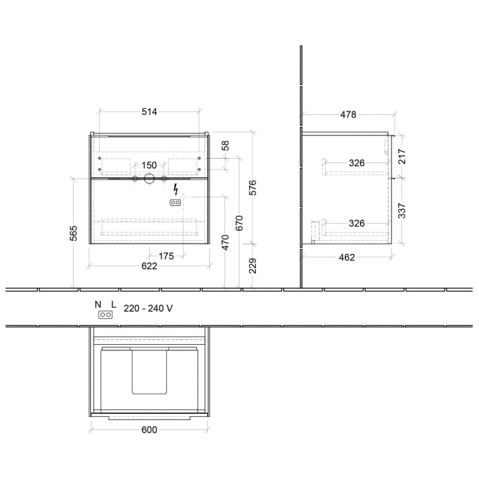 Villeroy & Boch Subway 3.0 Waschtischunterschrank 62,2 cm, 2 Auszüge, mit LED-Beleuchtung