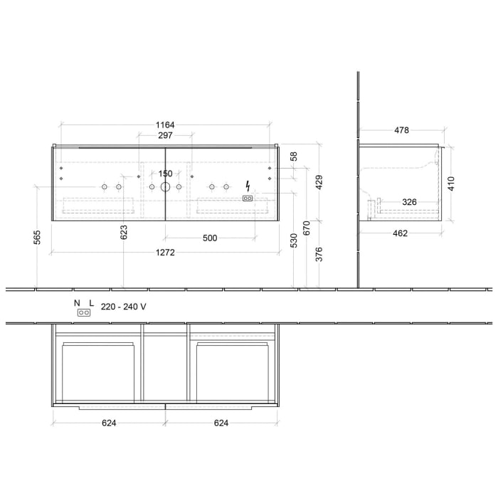 Villeroy & Boch Subway 3.0 Waschtischunterschrank 127,2 cm, 2 Auszüge, mit LED-Beleuchtung