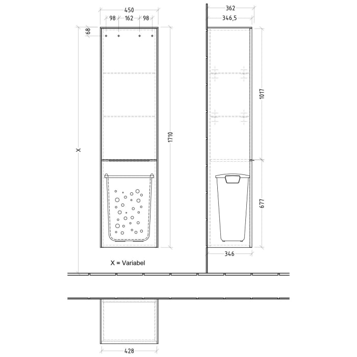 Villeroy & Boch Subway 3.0 Hochschrank 45 x 171 cm mit 1 Wäscheklappe und 1 Tür, Anschlag links