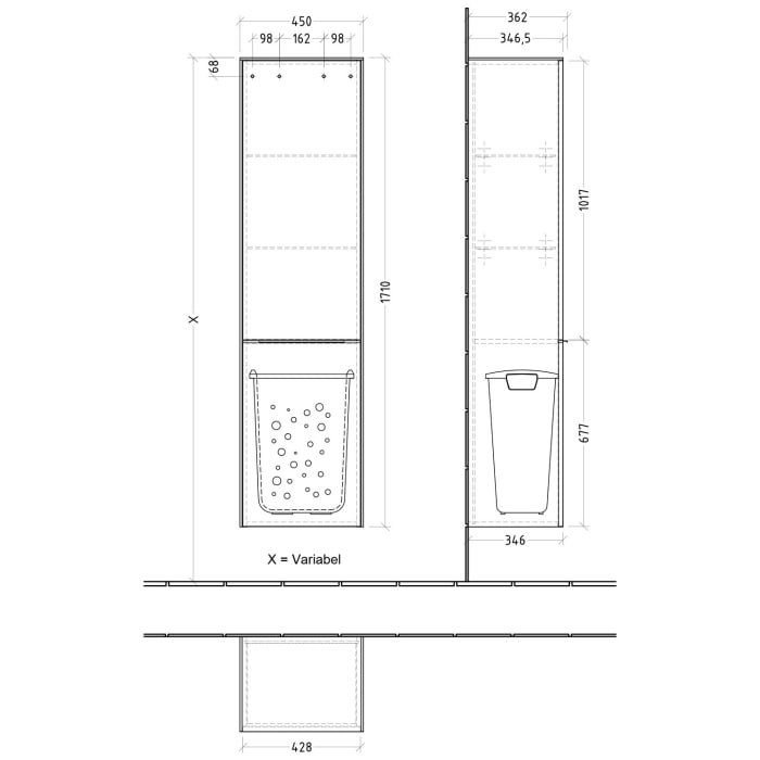 Villeroy & Boch Subway 3.0 Hochschrank 45 x 171 cm mit 1 Wäscheklappe und 1 Tür, Anschlag rechts