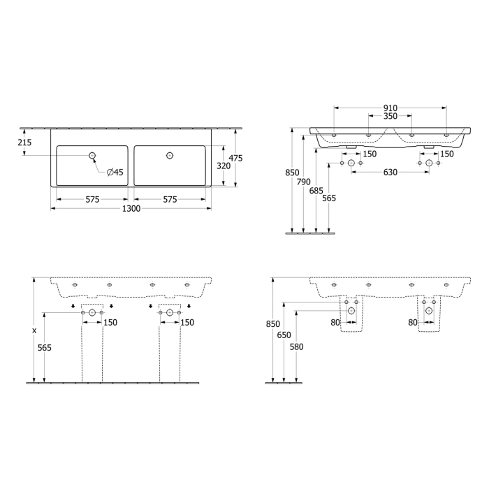 Villeroy & Boch Subway 3.0 Schrank-Doppelwaschtisch 130 cm, ohne Hahnloch, mit Überlauf