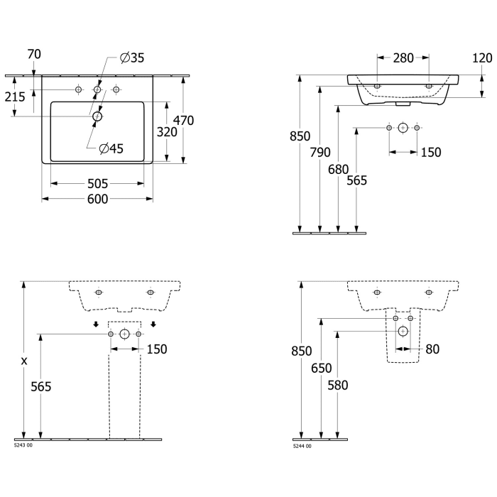 Villeroy & Boch Subway 3.0 Waschtisch 60 cm, mit 1 Hahnloch, ohne Überlauf