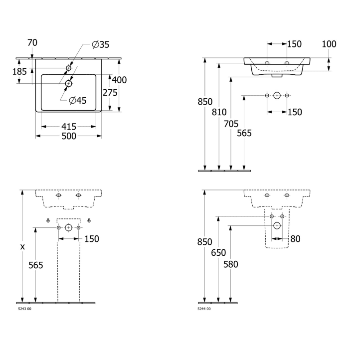 Villeroy & Boch Subway 3.0 Handwaschbecken 50 cm, für Möbelmontage, mit 1 Hahnloch, mit Überlauf
