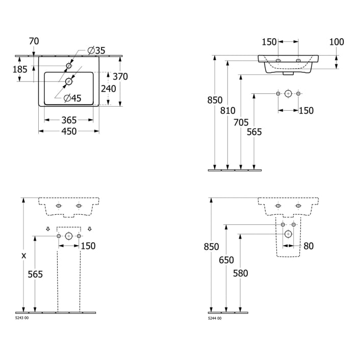 Villeroy & Boch Subway 3.0 Handwaschbecken 45 cm, für Möbelmontage, mit 1 Hahnloch, mit Überlauf