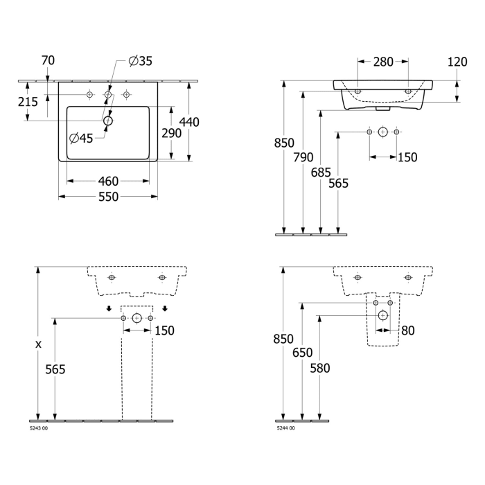 Villeroy & Boch Subway 3.0 Waschtisch 55 cm, mit 1 Hahnloch, ohne Überlauf