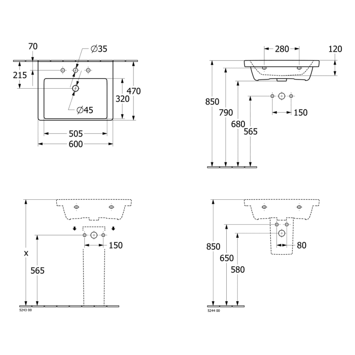 Villeroy & Boch Subway 3.0 Waschtisch 60 cm, mit 1 Hahnloch, mit Überlauf