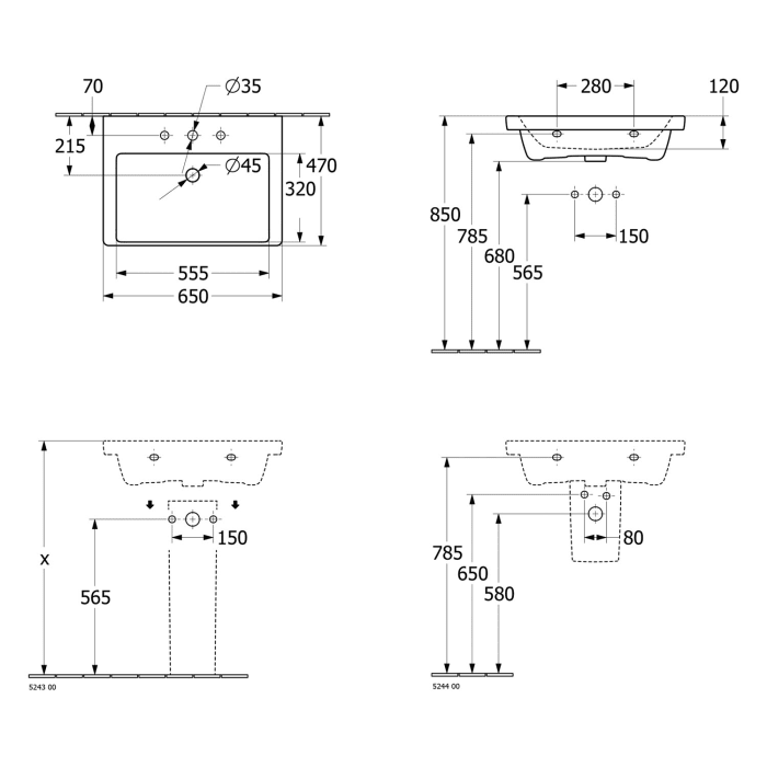 Villeroy & Boch Subway 3.0 Waschtisch 65 cm, mit 1 Hahnloch, ohne Überlauf