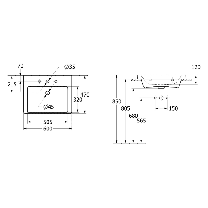 Villeroy & Boch Subway 3.0 Waschtisch 60 cm, ohne Hahnloch, ohne Überlauf