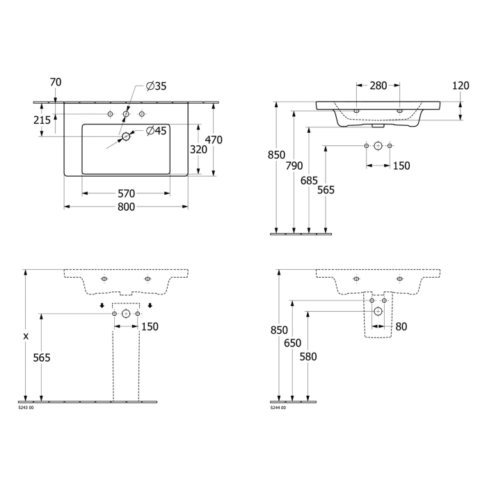 Villeroy & Boch Subway 3.0 Schrankwaschtisch 80 cm, ohne Hahnloch, ohne Überlauf