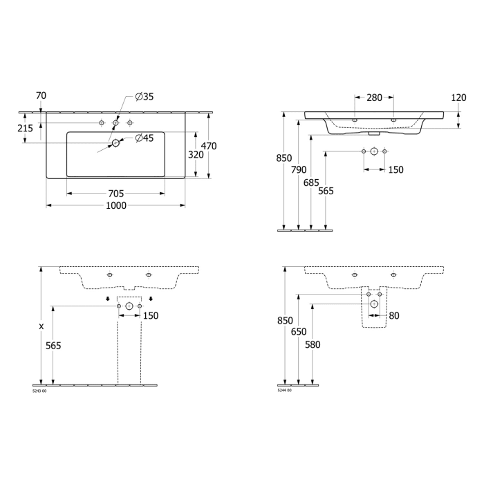 Villeroy & Boch Subway 3.0 Schrankwaschtisch 100 cm, ohne Hahnloch, ohne Überlauf