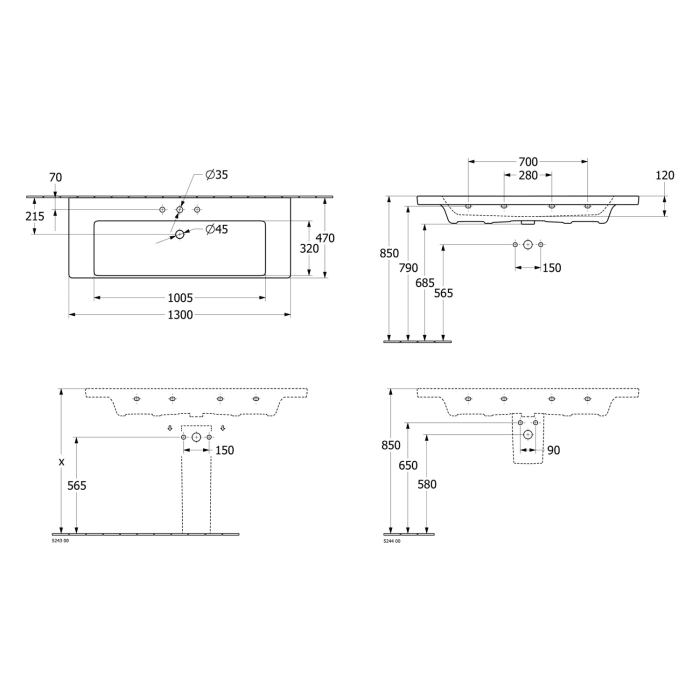 Villeroy & Boch Subway 3.0 Schrankwaschtisch 130 cm, mit 2 Hahnlöchern, ohne Überlauf