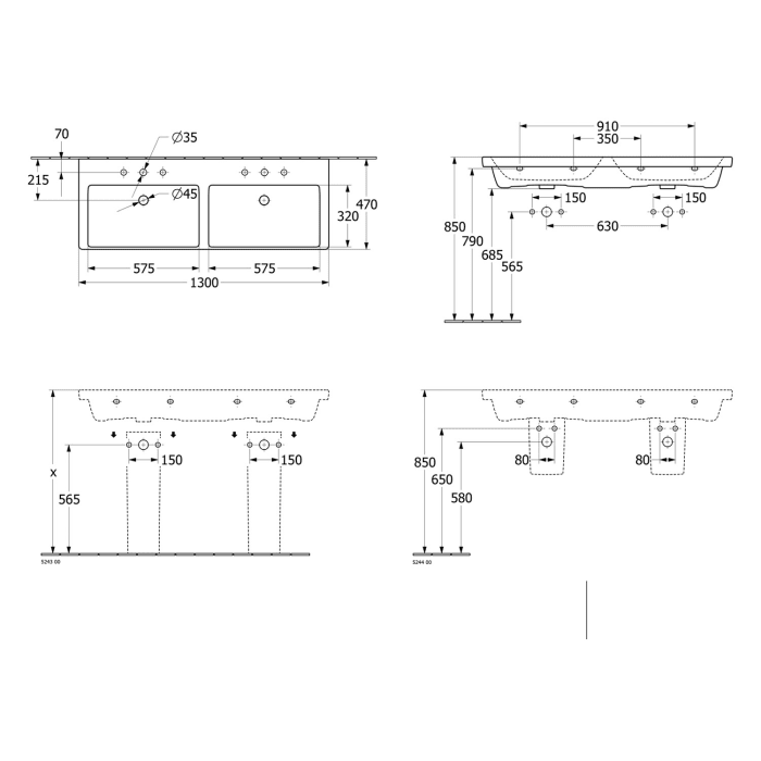 Villeroy & Boch Subway 3.0 Schrank-Doppelwaschtisch 130 cm, mit 2 Hahnlöchern, ohne Überlauf