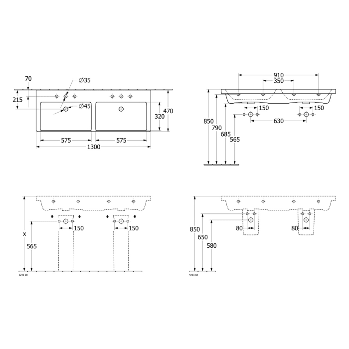 Villeroy & Boch Subway 3.0 Schrank-Doppelwaschtisch 130 cm, mit 2 Hahnlöchern, mit Überlauf