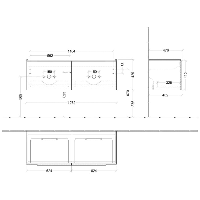 Villeroy & Boch Subway 3.0 Waschtischunterschrank 127,2 cm, 2 Auszüge, ohne LED-Beleuchtung, für Doppel-Waschtisch