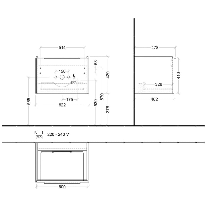 Villeroy & Boch Subway 3.0 Waschtischunterschrank 62,2 cm, 1 Auszug, mit LED-Beleuchtung