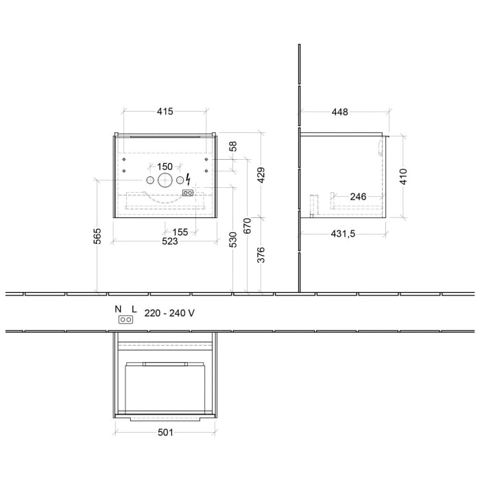 Villeroy & Boch Subway 3.0 Waschtischunterschrank 52,3 cm, 1 Auszug, mit LED-Beleuchtung