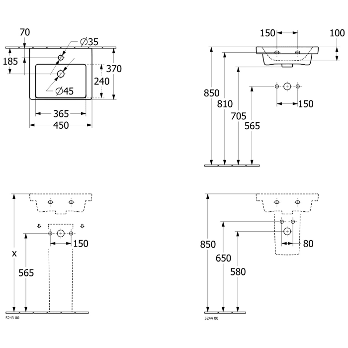 Villeroy & Boch Subway 3.0 Handwaschbecken 45 cm, mit 1 Hahnloch, ohne Überlauf