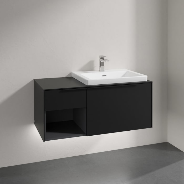 Villeroy & Boch Subway 3.0 Badmöbel-Set 100,1 cm mit Beleuchtung, Griff volcano black, Waschbecken rechts mit CeramicPlus
