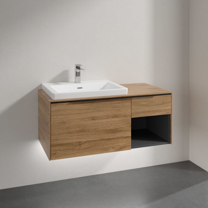 Villeroy & Boch Subway 3.0 Badmöbel-Set 100,1 cm mit Beleuchtung, Griff volcano black, Waschbecken links mit CeramicPlus