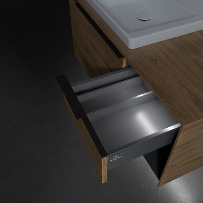 Villeroy & Boch Subway 3.0 Badmöbel-Set 100,1 cm mit Beleuchtung, Griff volcano black, Waschbecken links mit CeramicPlus