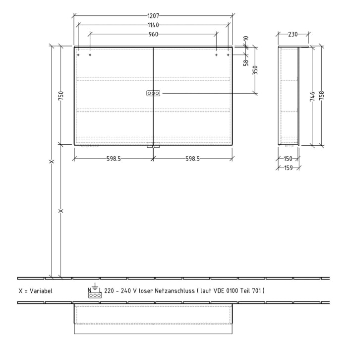 Villeroy & Boch Taro Spiegelschrank 120,7 cm mit 2 Türen, Lichtsegel, Waschplatzbeleuchtung und Vergrößerungsspiegel