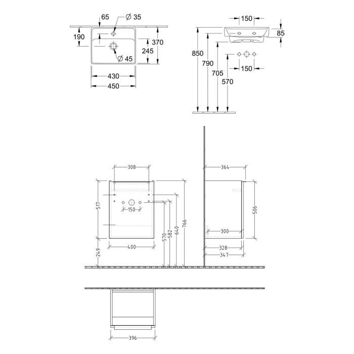 Villeroy & Boch Taro Waschtisch mit Unterschrank 45 cm