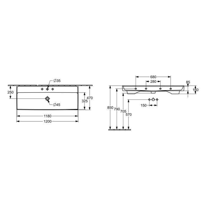 Villeroy & Boch Taro Waschtisch 120 cm mit CeramicPlus Beschichtung, 2 Hahnlöcher, ohne Überlauf