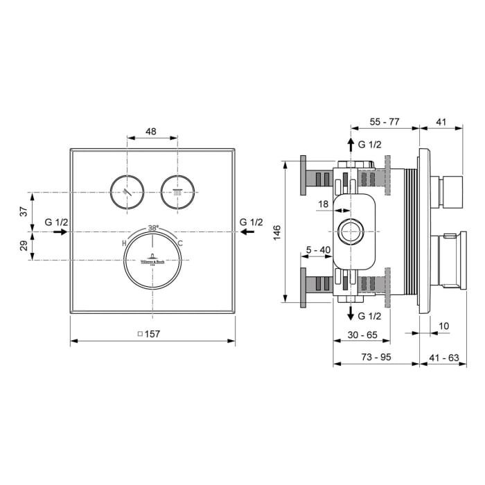 Villeroy & Boch Vea Unterputz-Badethermostat mit Zweiwege-Mengenregulierung, für Wanne & Dusche