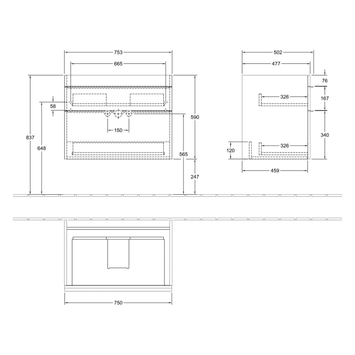 Villeroy & Boch Venticello Waschtischunterschrank 75,3 x 59 cm, 2 Auszüge