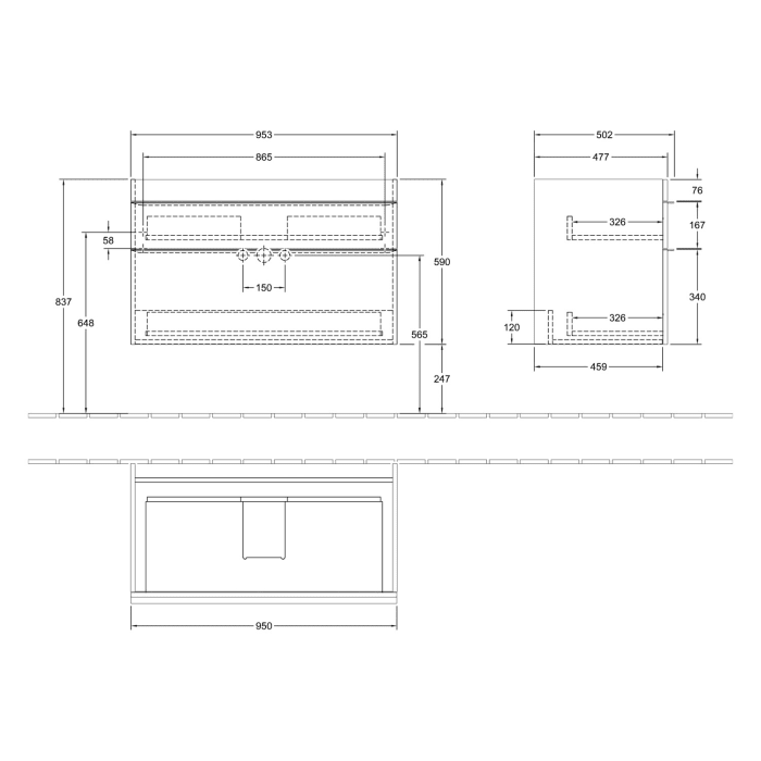 Villeroy & Boch Venticello Waschtischunterschrank 95,3 x 59 cm, 2 Auszüge, für Waschbecken mittig