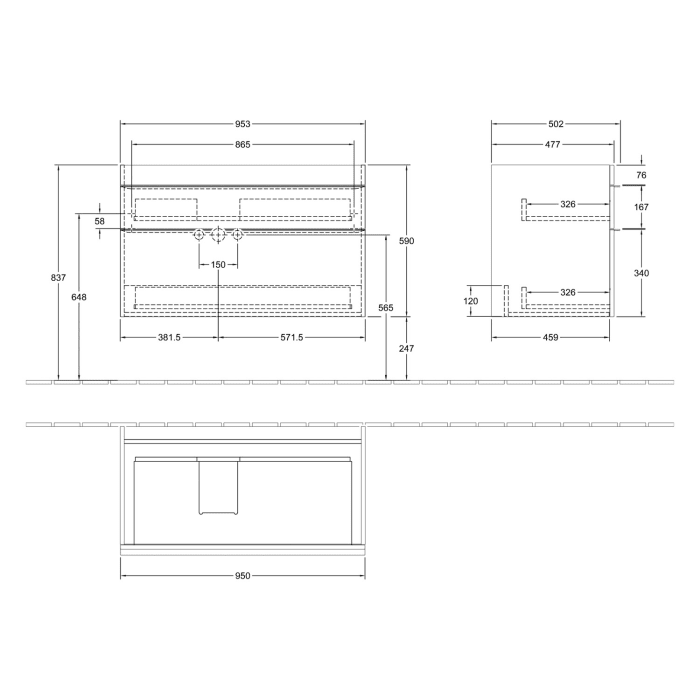 Villeroy & Boch Venticello Waschtischunterschrank 95,3 x 59 cm, 2 Auszüge, für Waschbecken links