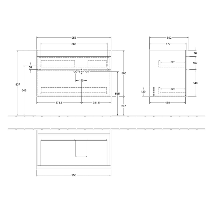 Villeroy & Boch Venticello Waschtischunterschrank 95,3 x 59 cm, 2 Auszüge, für Waschbecken rechts