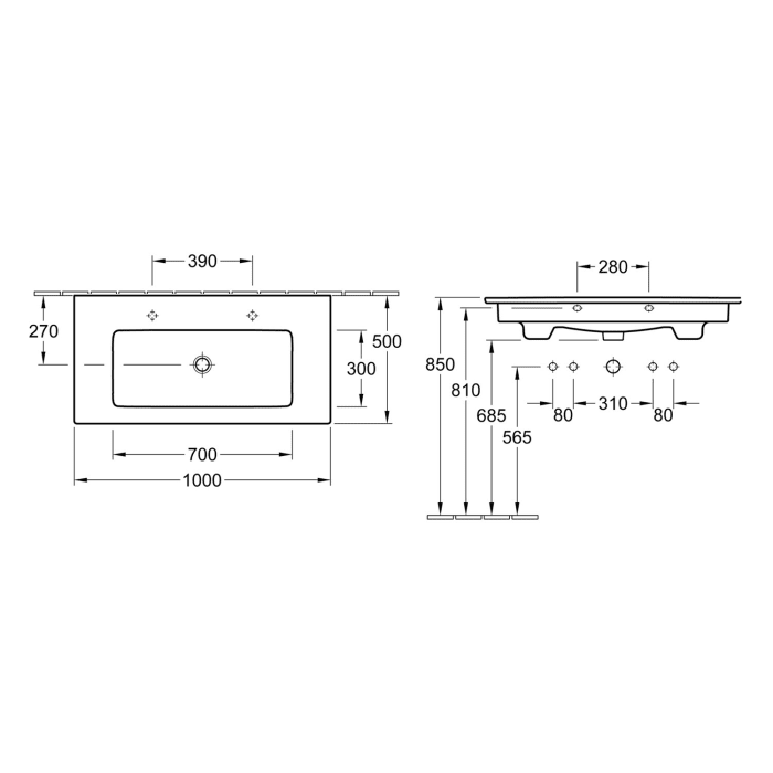 Villeroy & Boch Venticello Schrankwaschtisch 100 x 50 cm, mit 2 Hahnlöchern, mit Überlauf