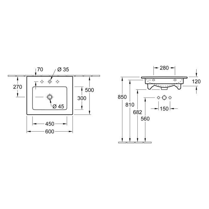 Villeroy & Boch Venticello Waschtisch 60 x 50,5 cm, mit 1 Hahnloch, mit Überlauf
