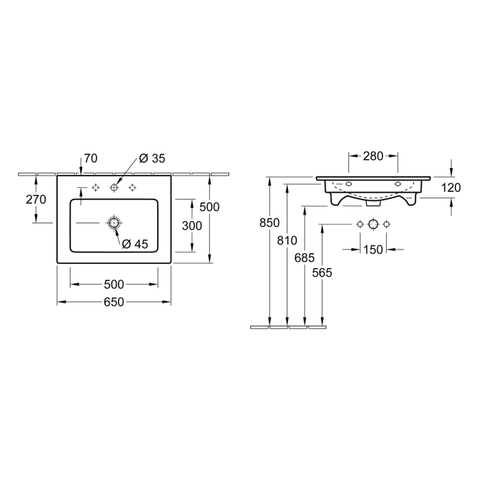 Villeroy & Boch Venticello Waschtisch 65,5 x 50 cm, mit 1 Hahnloch, mit Überlauf