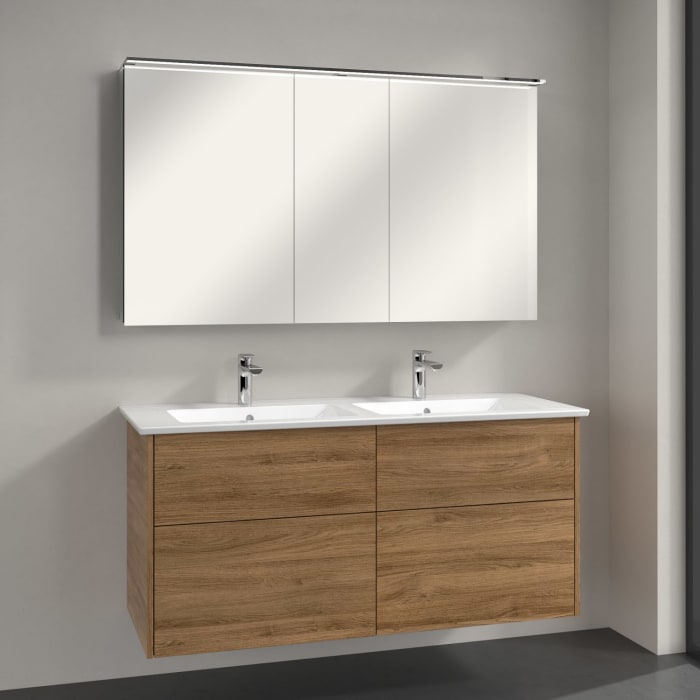 Villeroy & Boch Finero Waschtischunterschrank 130 cm mit Doppelwaschtisch und Spiegelschrank, 4 Auszüge