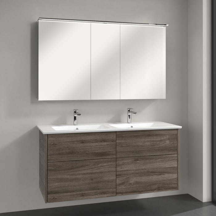 Villeroy & Boch Finero Waschtischunterschrank 130 cm mit Doppelwaschtisch und Spiegelschrank, 4 Auszüge