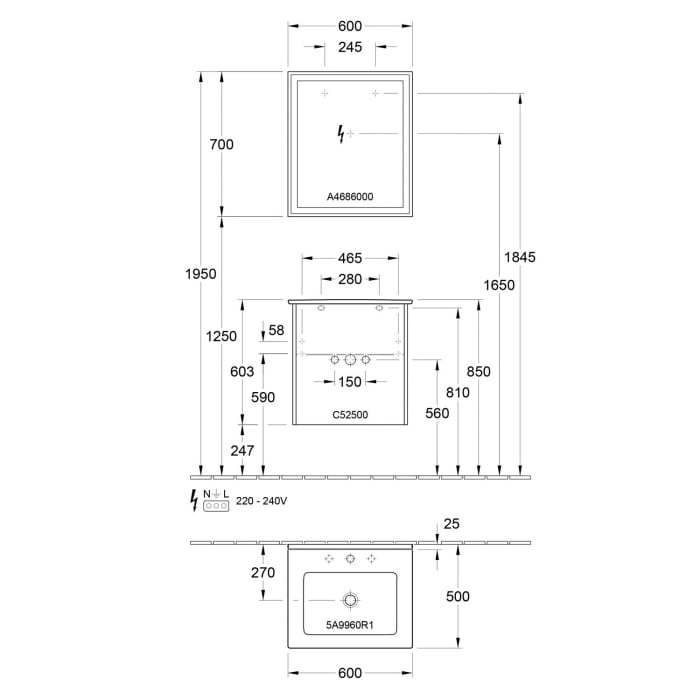 Villeroy & Boch Finero Waschtischunterschrank 60 cm mit Waschtisch und Spiegel, 2 Auszüge