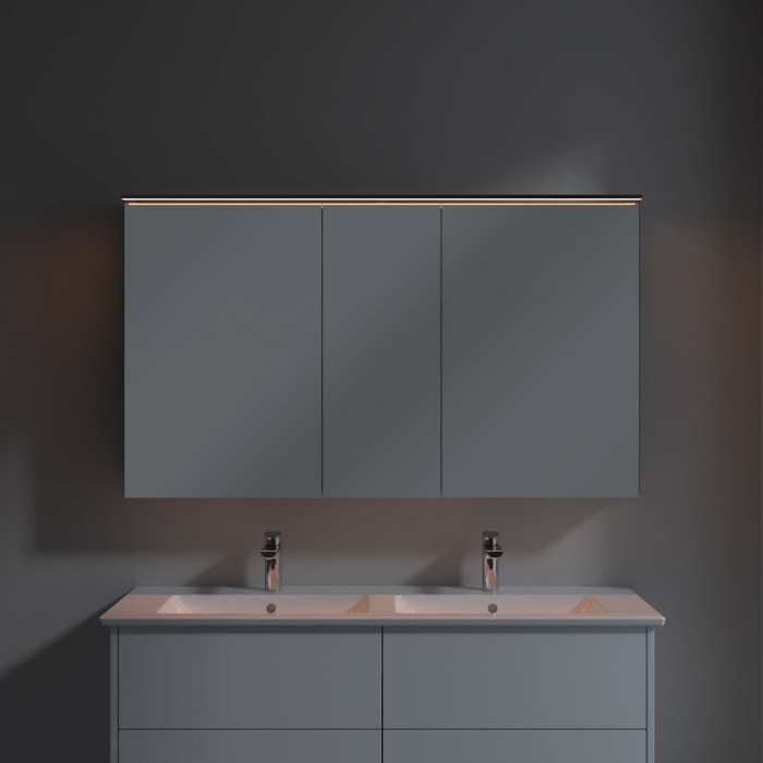 Villeroy & Boch Finero Waschtischunterschrank 130 cm mit Doppelwaschtisch und Spiegelschrank, 4 Auszüge
