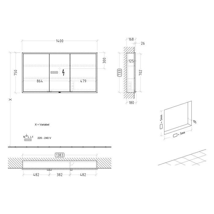 Villeroy & Boch My View Now Einbau-Spiegelschrank 140 cm, 3 Türen, mit Sensordimmer