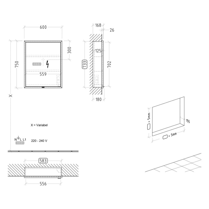 Villeroy & Boch My View Now Einbau-Spiegelschrank 60 cm, 1 Tür Anschlag links, Smart Home fähig