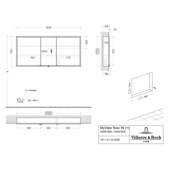Villeroy & Boch My View Now Einbau-Spiegelschrank 160 cm, 3 Türen, Smart Home fähig