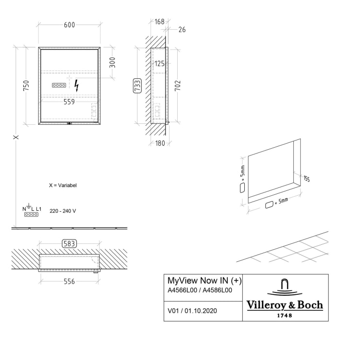 Villeroy & Boch My View Now Einbau-Spiegelschrank 60 cm, 1 Tür Anschlag links, Smart Home fähig