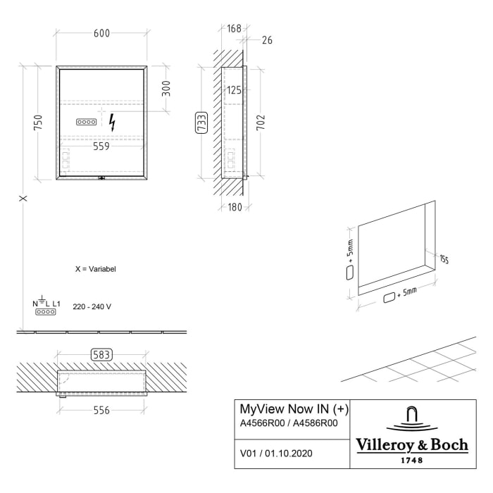 Villeroy & Boch My View Now Einbau-Spiegelschrank 60 cm, 1 Tür Anschlag rechts, Smart Home fähig