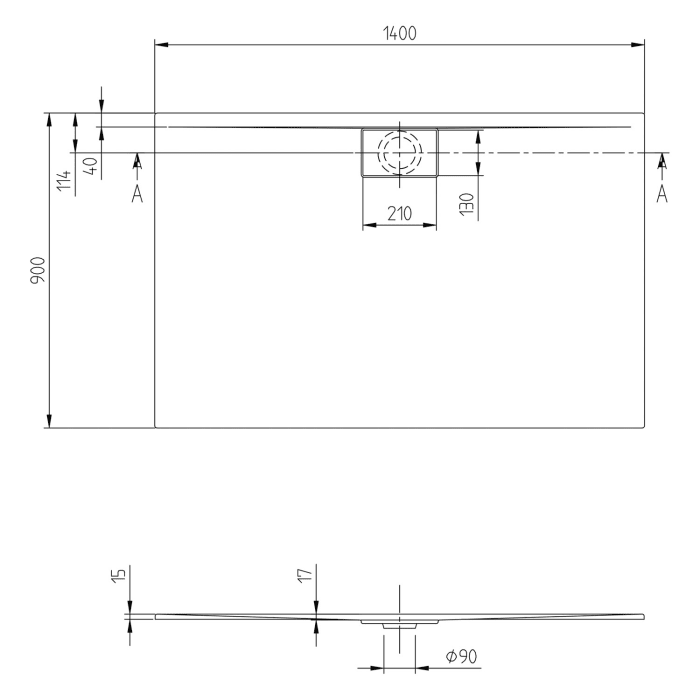 Villeroy & Boch Architectura Metalrim Duschwanne 140 x 90 x 1,5 cm