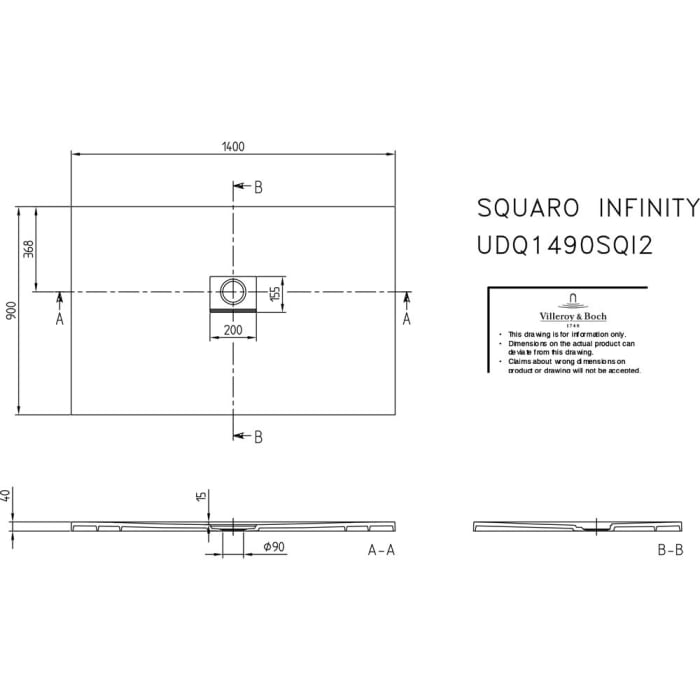 Villeroy & Boch Squaro Infinity Duschwanne 140 x 90 cm für flächenbündige Installation Sondermaß