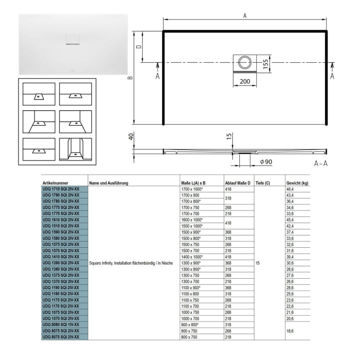 Villeroy & Boch Squaro Infinity Duschwanne 80 x 70 cm für flächenbündige Installation