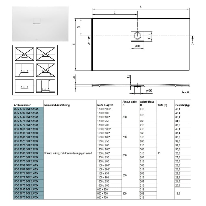 Villeroy & Boch Squaro Infinity Duschwanne 150 x 90 cm für Eck-Einbau links